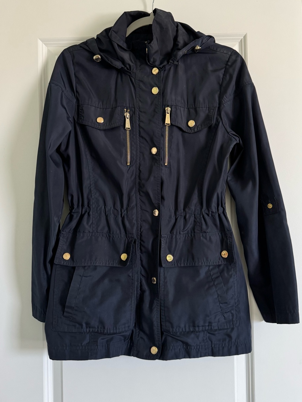 Michael Kors Navy Blue Anorak Hooded Rain Jacket Utility Coat Gold Hardware - S